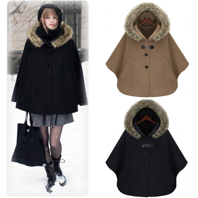   м  ¥  Ʈ  ĵ ư  ܿ β Ʈ    ī   ޷  񵵸 Oute/Hot sale Fashion Women Faux Fur Batwing Hooded Button Poncho Winter Th